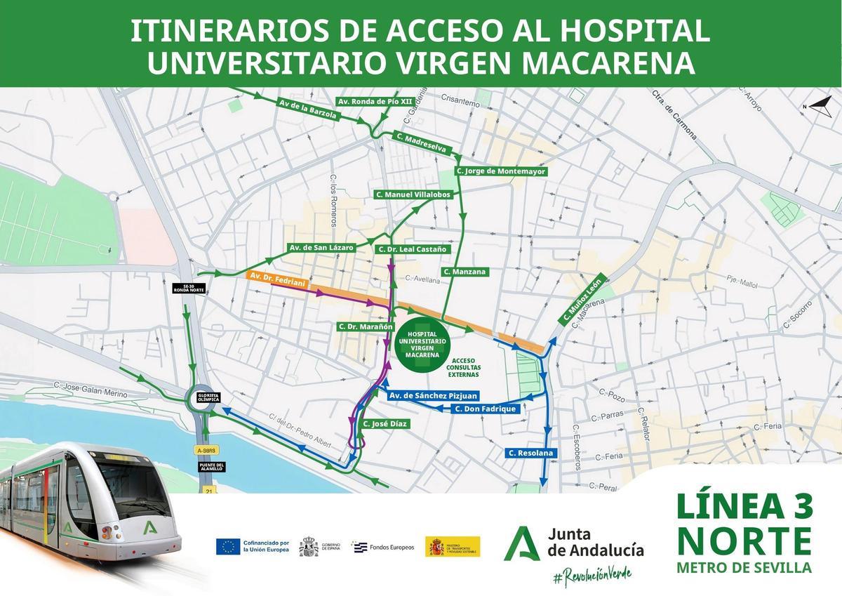 Imagen de los itinerarios de acceso al Hospital Universitario Virgen Macarena por las obras de la Línea 3 del Metro.
