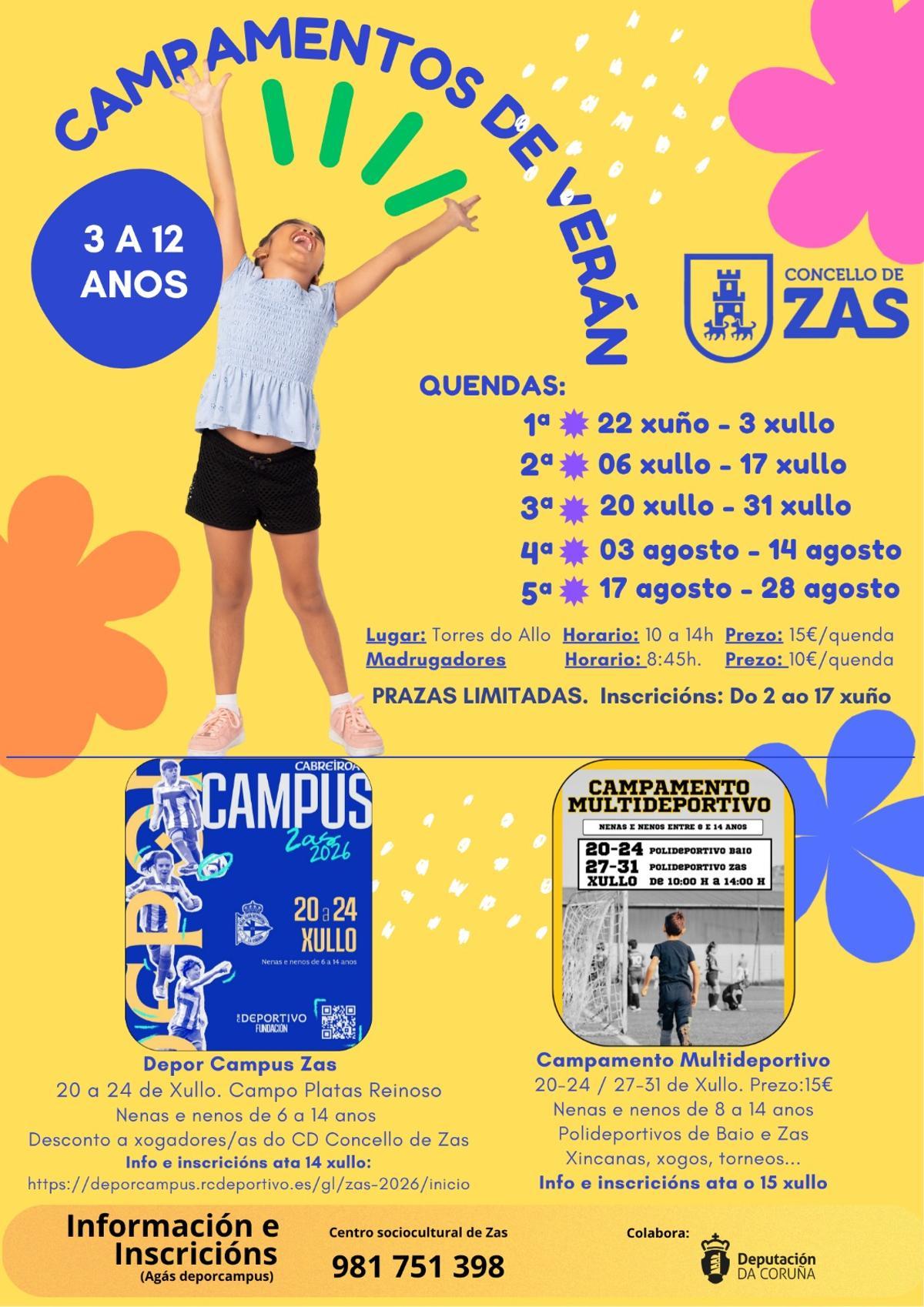 Cartel promocional dos campamentos de verán de Zas.