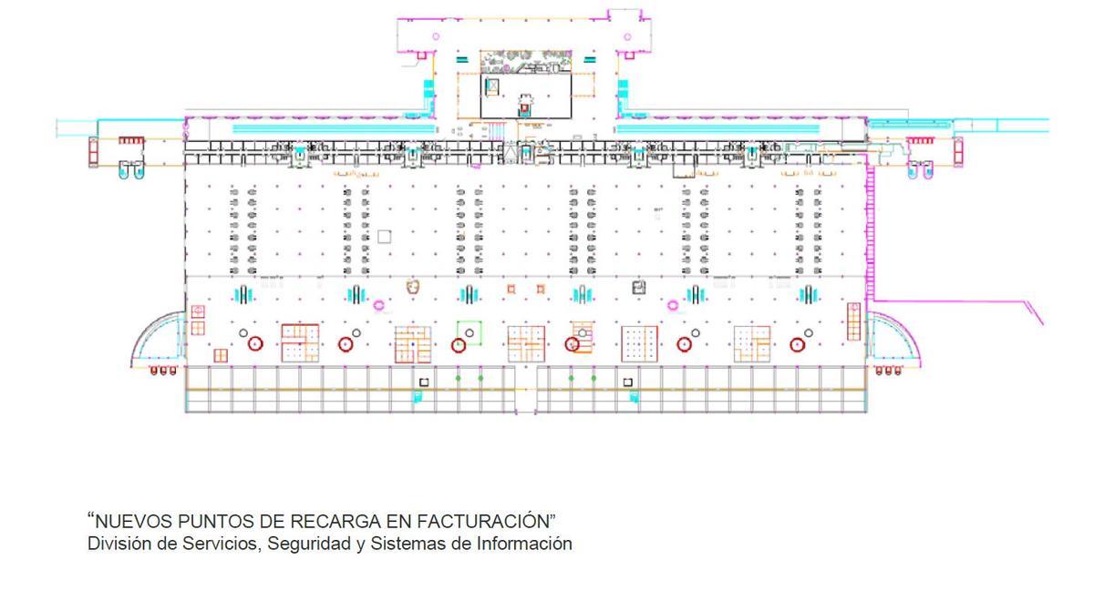 Planta de facturación del aeropuerto de Palma: Los puntos rojos de zona inferior señalan la ubicación de las zonas de recarga de dispositivos electrónicos