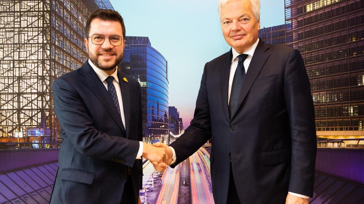El 'president' Pere Aragonès y el comisario de Justicia de la UE, Didier Reynders, en Bruselas