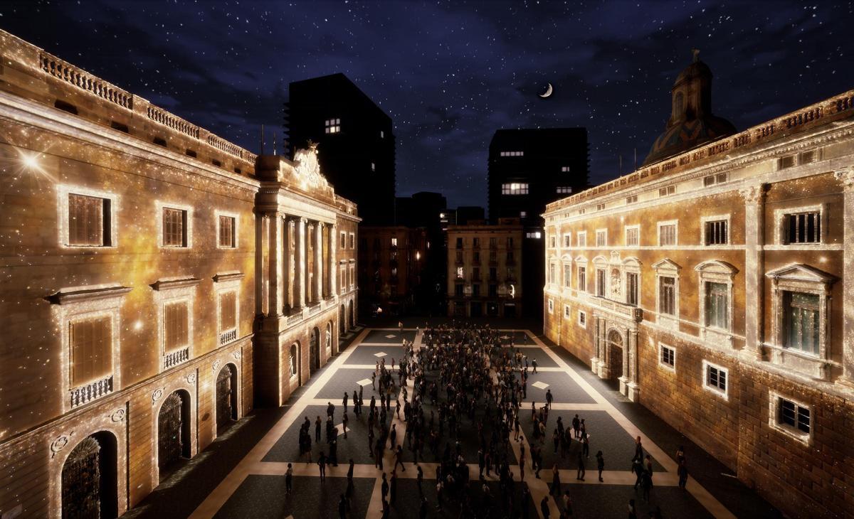 Recreación de la plaza de Sant Jaume con la iluminación prevista para la Navidad de 2025.