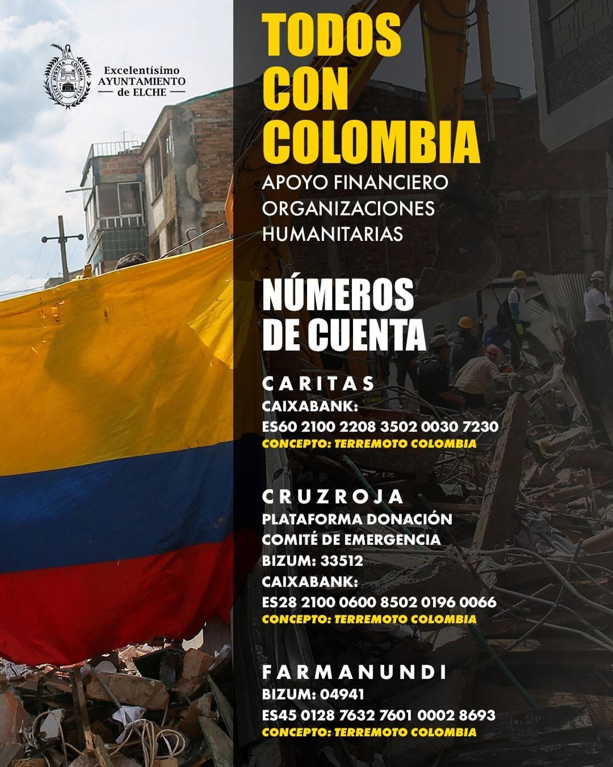 "Todos con Colombia" es el título de la campaña impulsada desde el Ayuntamiento de Elche