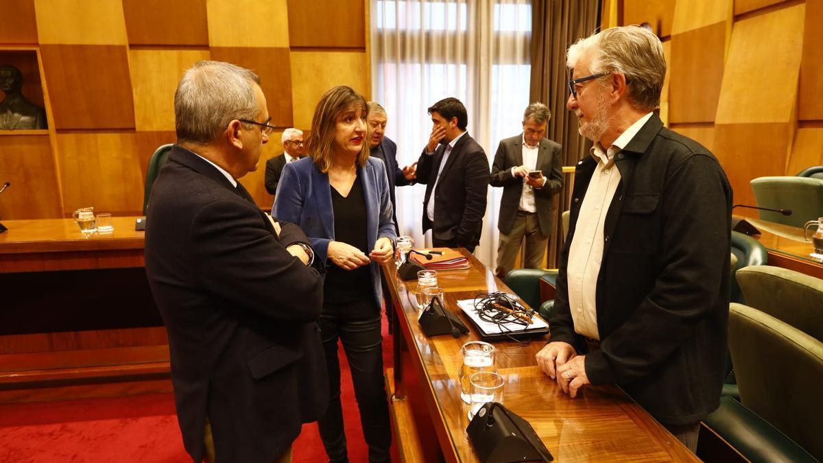 Luis Miguel García Vinuesa y Lola Ranera, del PSOE, conversando con Pedro Santisteve (ZeC) antes del inicio del pleno.