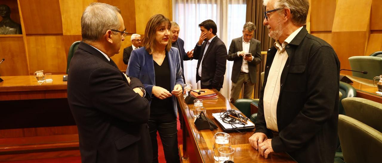 Luis Miguel García Vinuesa y Lola Ranera, del PSOE, conversando con Pedro Santisteve (ZeC) antes del inicio del pleno.