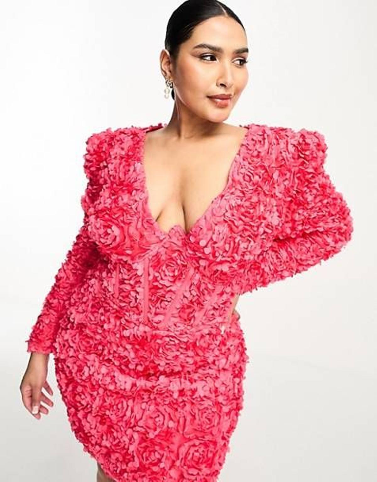 Vestido corto rojo con diseño tipo corsé, cuello de pico y estampado floral en 3D de Asos