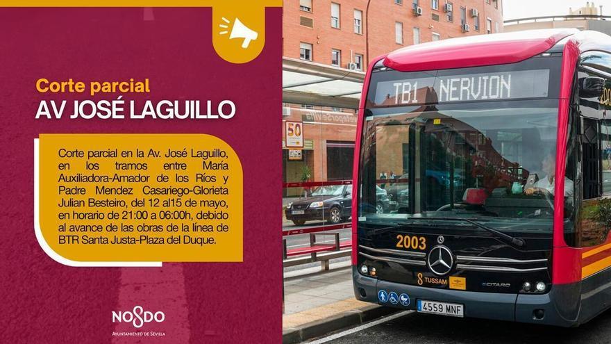El avance de las obras del tranvibús en Sevilla obligará a cortar parte de José Laguillo durante cuatro días