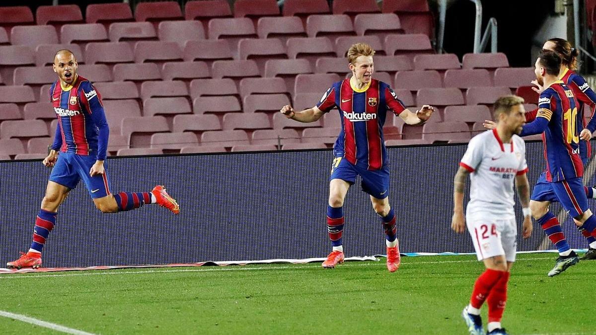 Braithwaite celebra el gol que va certificar la remuntada contra el Sevilla a la pròrroga.