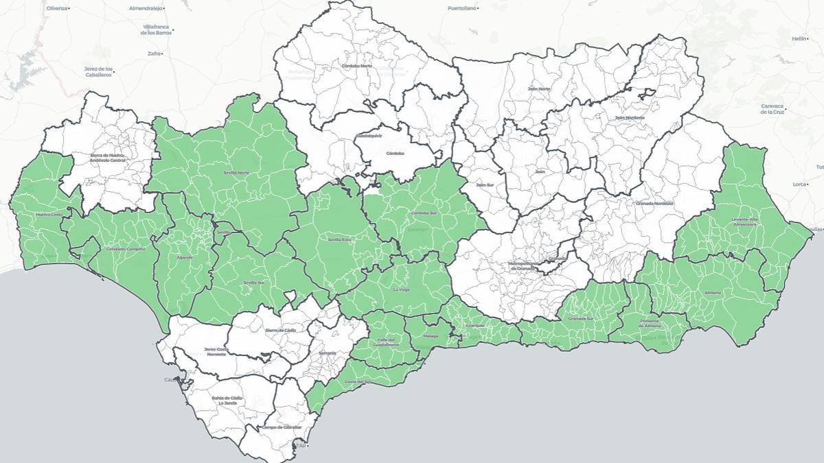 Mapa de alertas de covid. En blanco, las zonas con nivel 0 y en verde, las que se encuentran en nivel 1 de alerta.