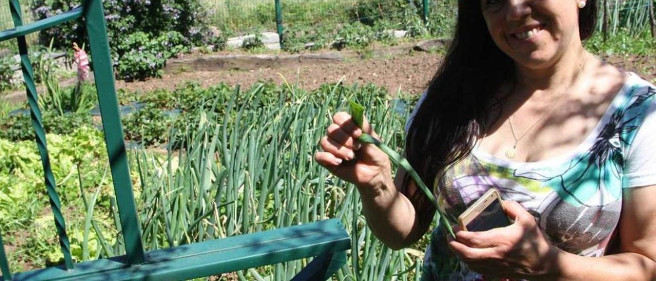 Vega muestra una hoja de cebollino de su huerta, ubicada en la planta baja de su casería.