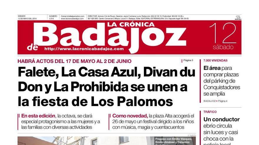 Esta es la portada de LA CRÓNICA DE BADAJOZ correspondiente al día 12 de mayo del 2018