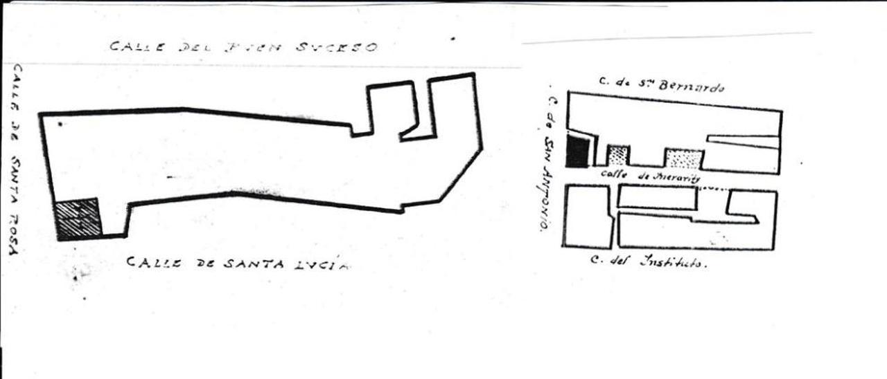 Situación de las capillas de Santa Rosa y de San Antonio según documentación conservada en la Biblioteca Asturiana del padre Patac; la calle Innenárity es el nombre que llevó durante años la calle de La Merced.