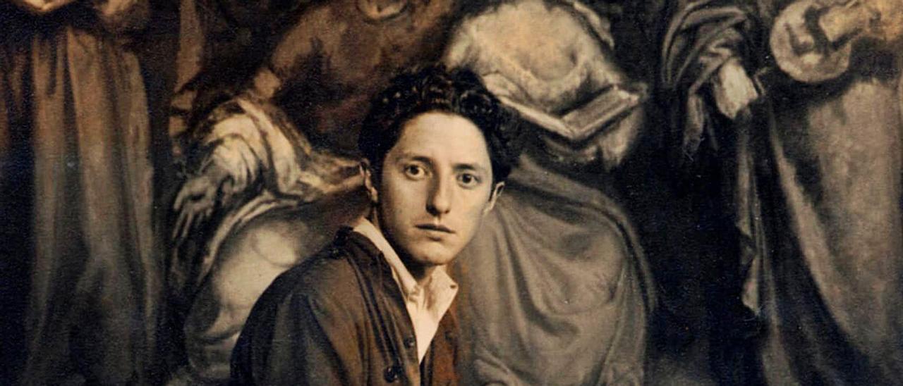 Díaz Pardo, ante su cuadro “Concerto de zanfona” (1939).