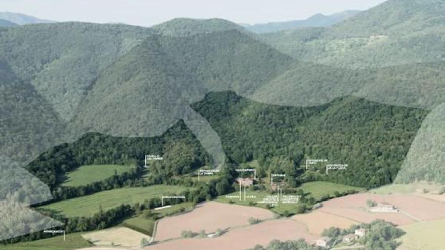 En color més fosc correspon a les 135 hectàrees de la finca d&#039;RCR a la Vall de Bianya.