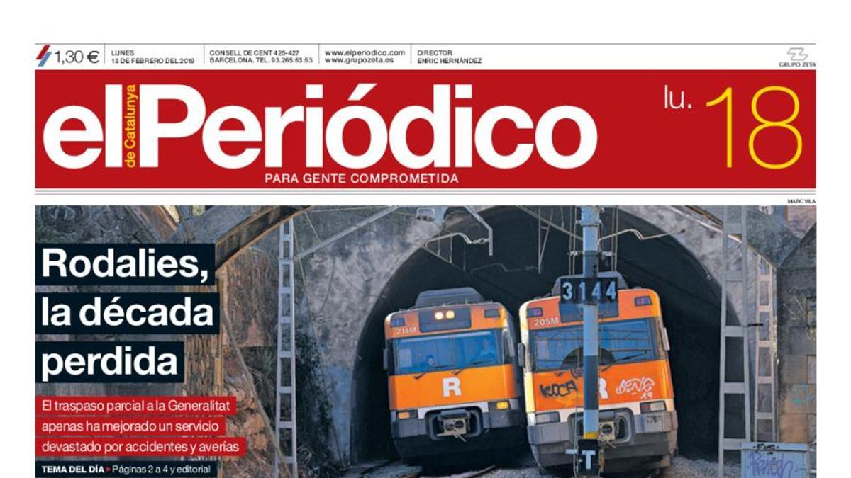 La portada de EL PERIÓDICO del 18 de febrero del 2019