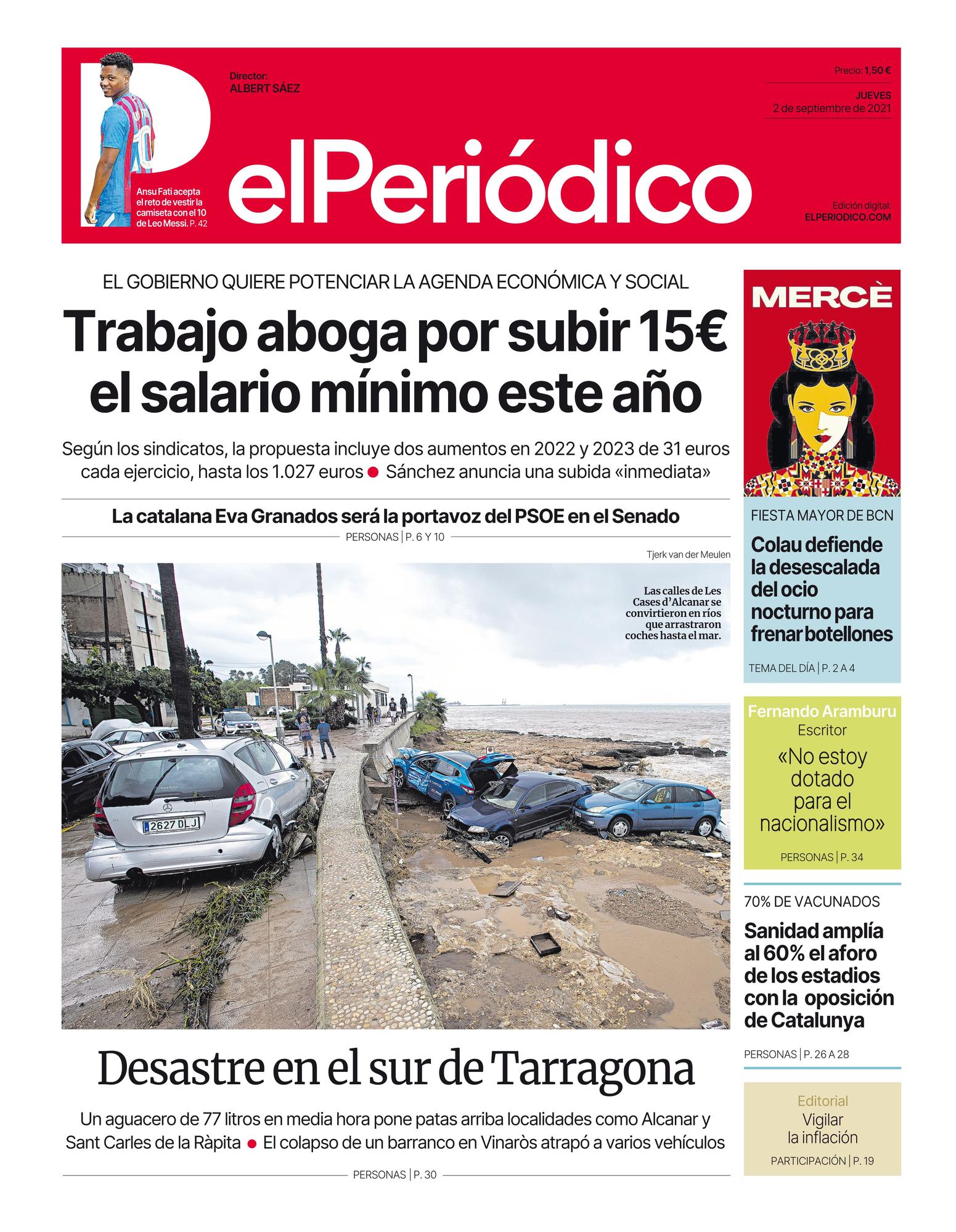 La portada de EL PERIÓDICO del 2 de septiembre de 2021