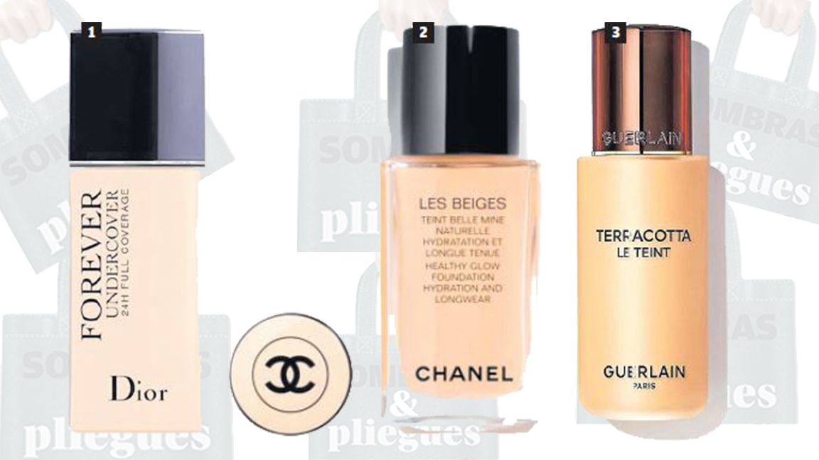 1 Maquillaje Foreve de Dior Light Ivory.  2 Maquillaje Les Beiges de Chanel B20 (Claro neutro).  3 Maquillaje Terracotta de Guerlain 3W (Warm).