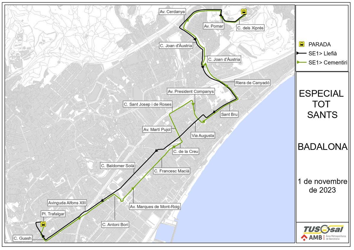 Mapa del Servicio Especial 1 de bus de Badalona para Todos los Santos