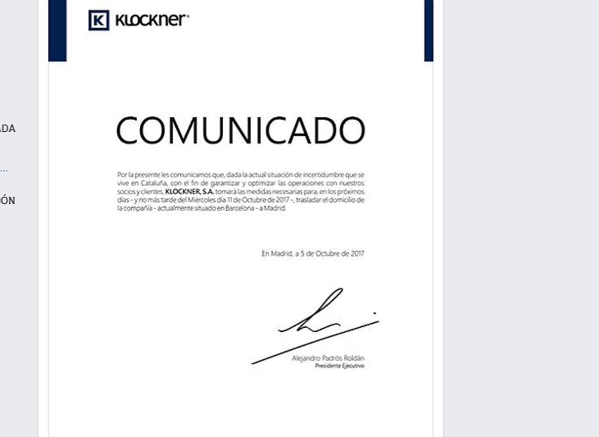 El comunicado de Klockner. El comunicado de Klockner.