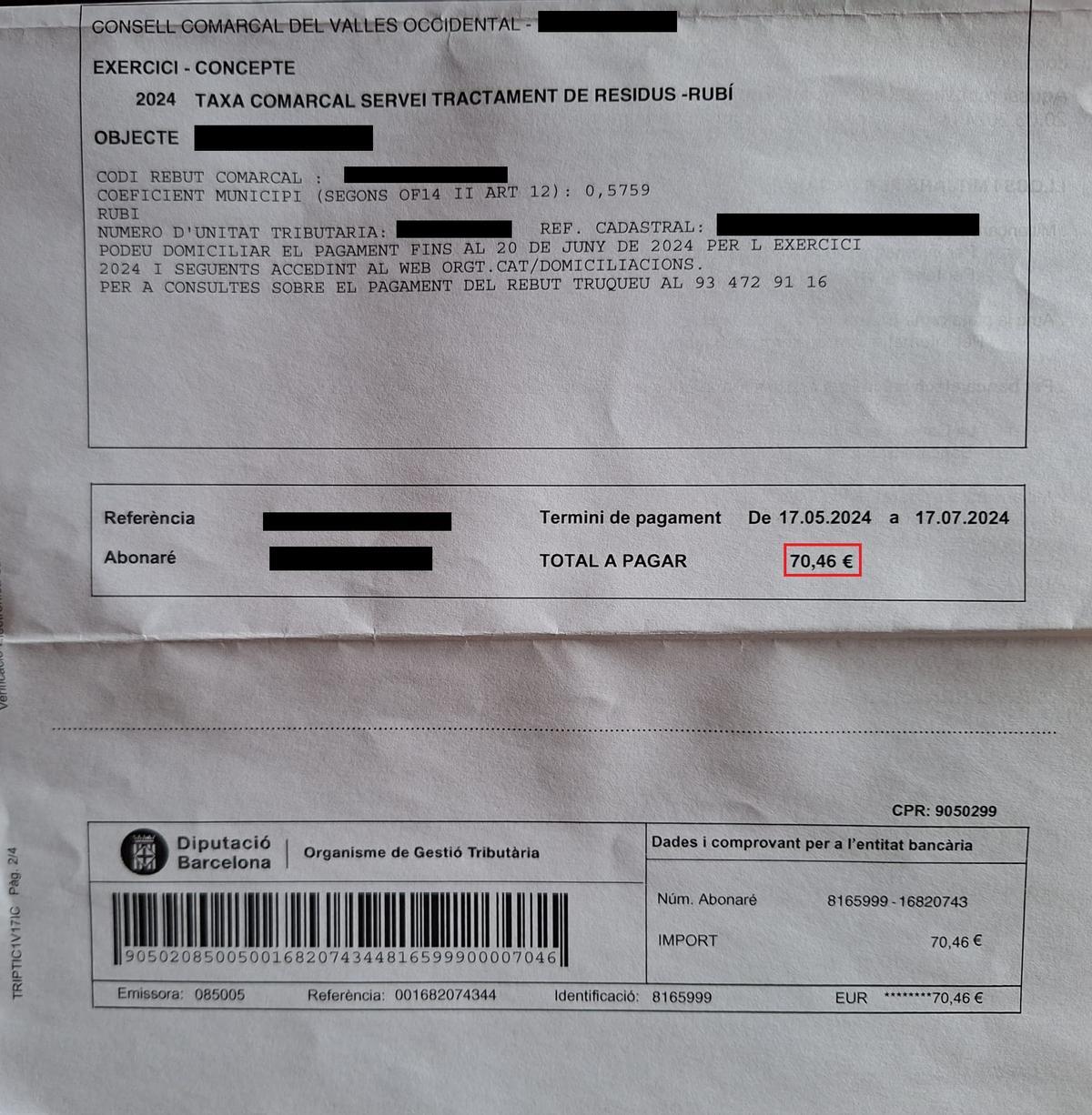 Un recibo del Consell Comarcal del Vallès Occidental (CCVO) de este 2024 en Rubí. En rojo, el valor a pagar / EL PERIÓDICO