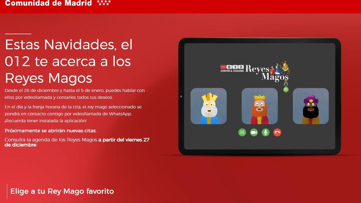 Portal del servicio de videollamadas con los Reyes Magos.