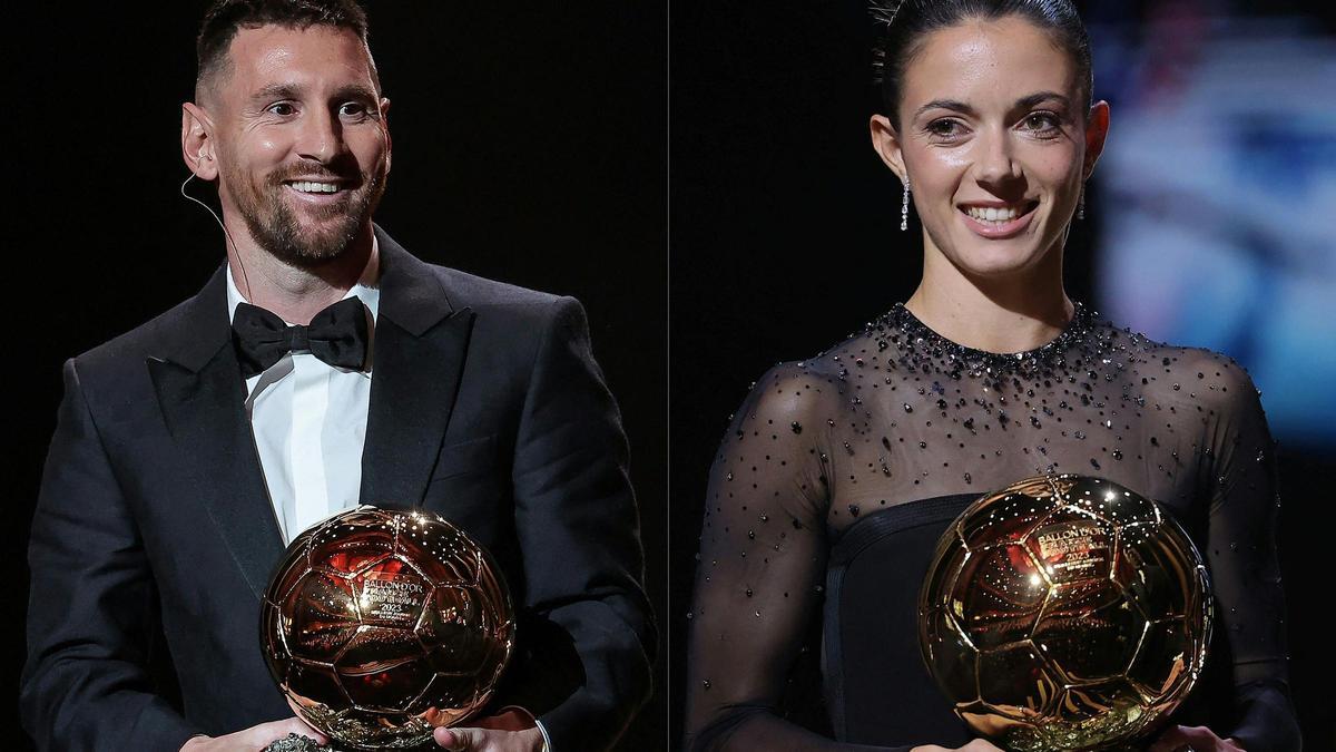 Messi y Aitana Bonmatí posan con sus respectivos Balones de Oro.