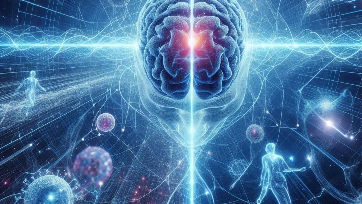 Creación artística del cerebro en pleno proceso de entrelazamiento cuántico generando consciencia.