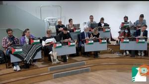 Los ediles de la izquierda parleña con los carteles en representación de Palestina