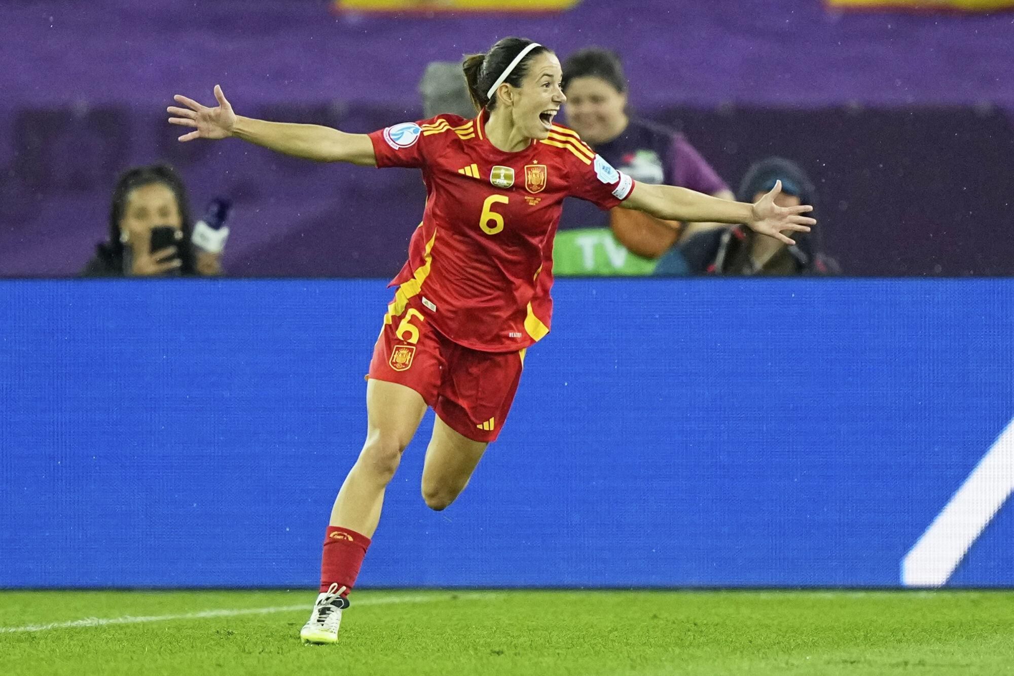 Spain's Aitana Bonmati celebrates after scoring her sides first goal during the Women's Euro 2025 semifinals soccer match between Germany and Spain at Stadion Letzigrund in Zurich, Switzerland, Wednesday, July 23, 2025. (AP Photo/Martin Meissner)