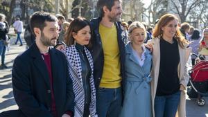 Yolanda Díaz junto al resto de ministros de Sumar en la manifestación a favor de Palestina en Madrid.