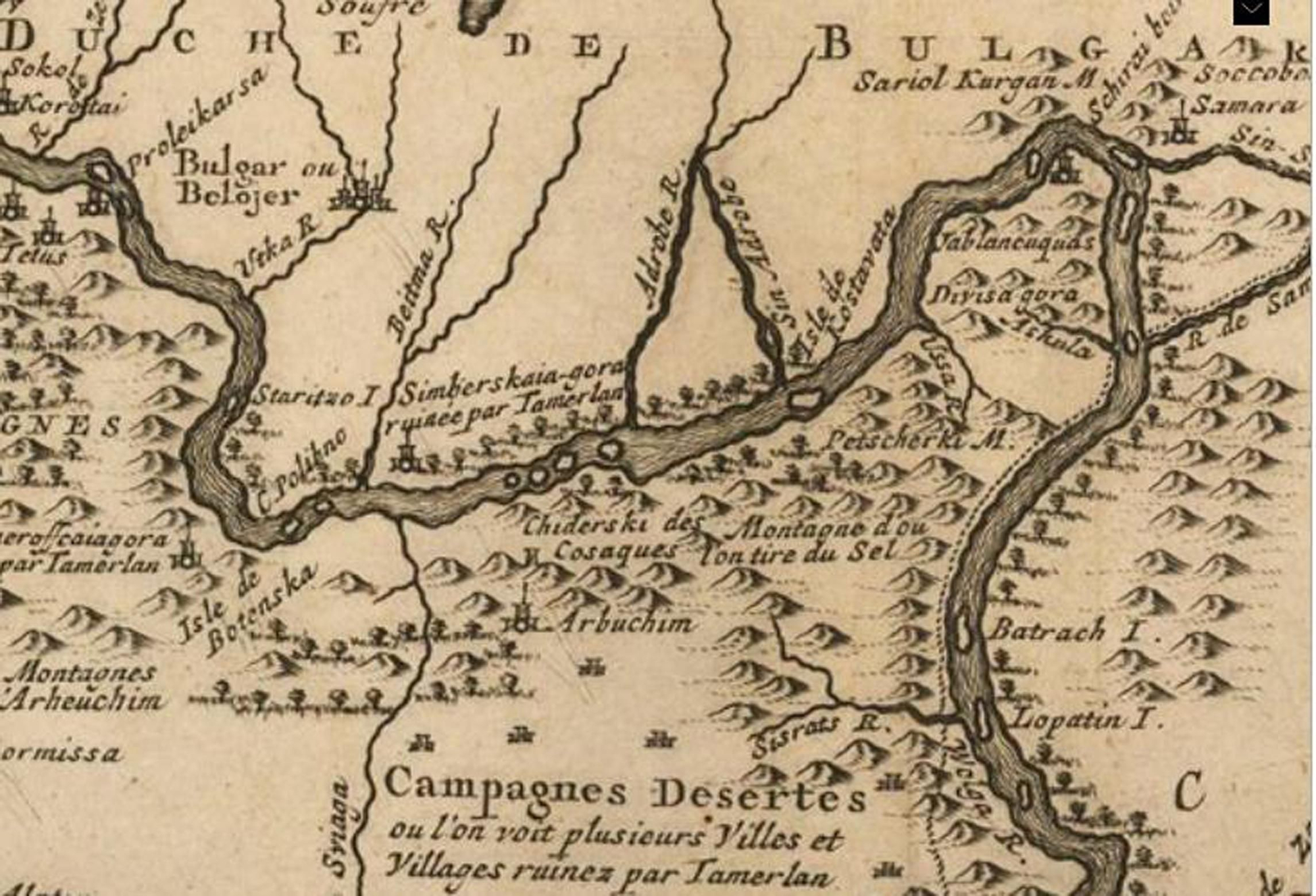 Detalle del mapa de las riberas del Volga, basado en la descripción de Adam Olearius, con la situación de la antigua ciudad de Simberskaia-Gora y la colina Arbuchim, donde se encontró la piedra con la inscripción.