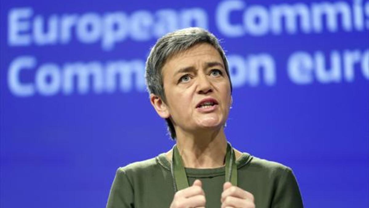 La comisaria europea de la Competencia, Margrethe Vestager, durante una rueda de prensa en Bruselas.