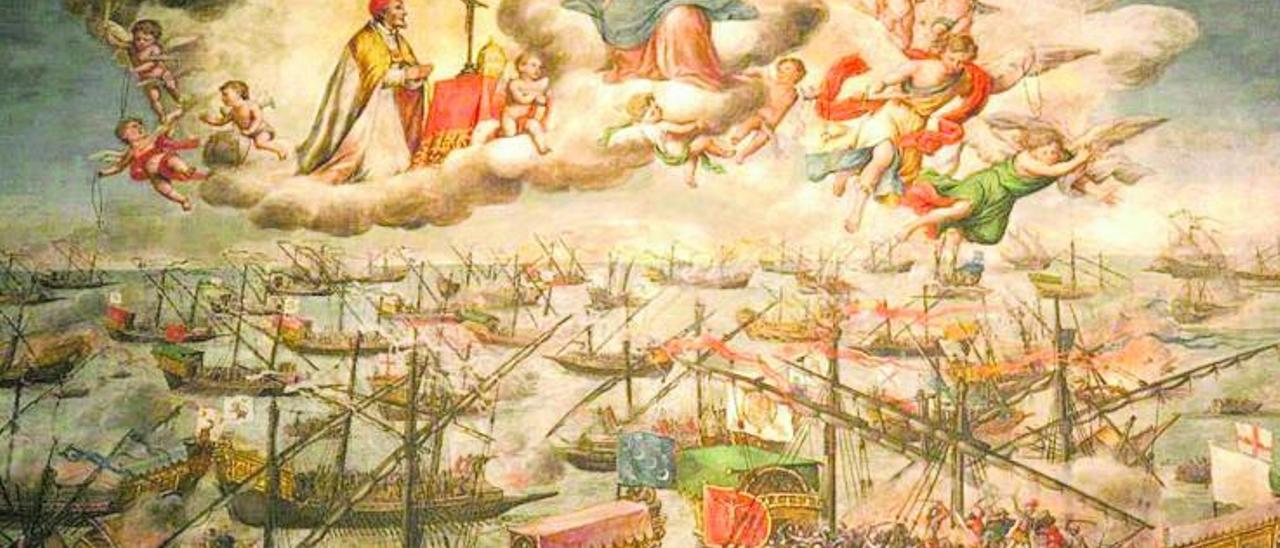 La Virgen del Rosario protege a las naves españolas en la batalla de Lepanto, en una pintura de Lucas Valdés.