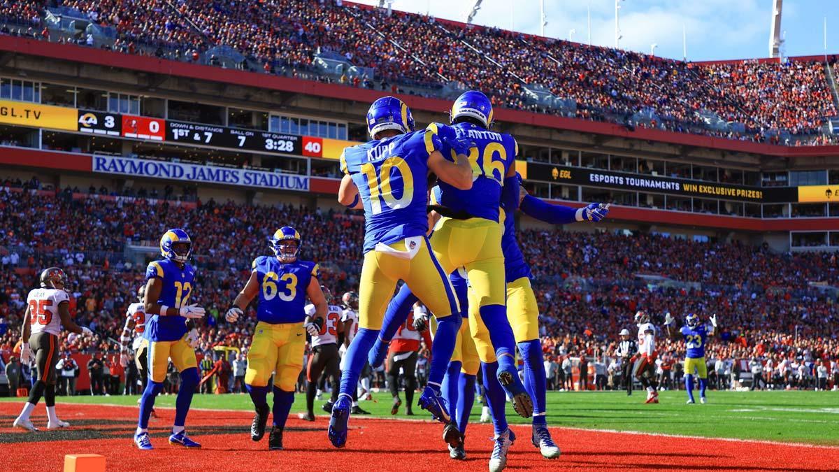 Los Rams celebrando un 'touchdown' ante los Bucs