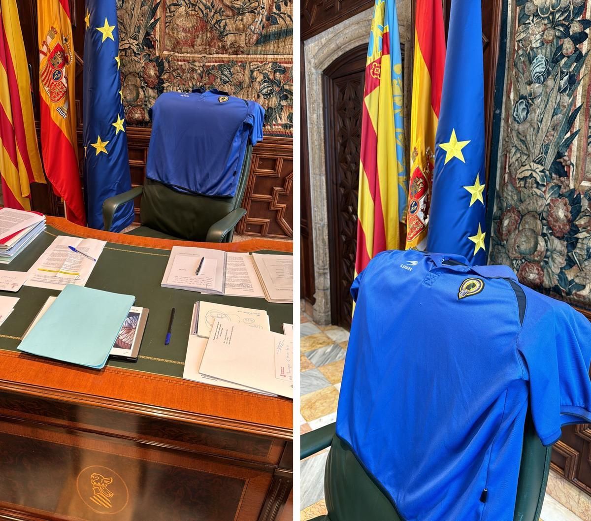 La camiseta del Hércules CF en el despacho de Carlos Mazón en el Palau de la Generalitat