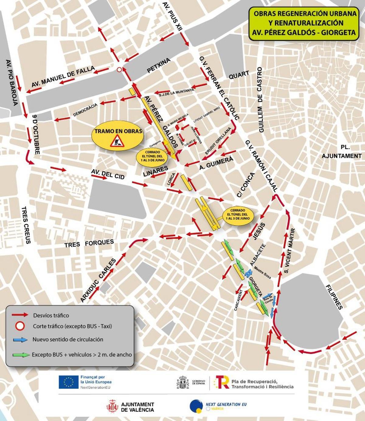 Desvíos previstos por las obras en el túnel de Pérez Galdos