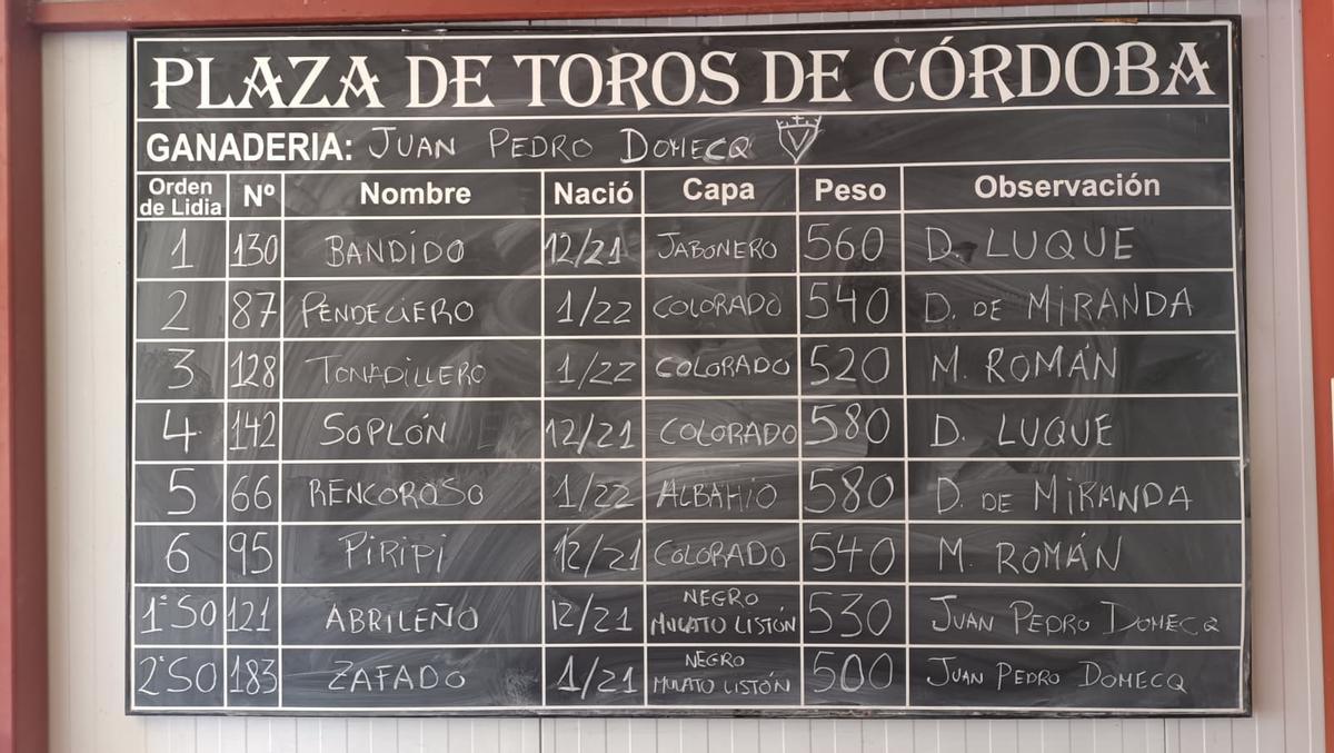 Tablilla con los toros que se lidiarán esta tarde en Los Califas de Córdoba.