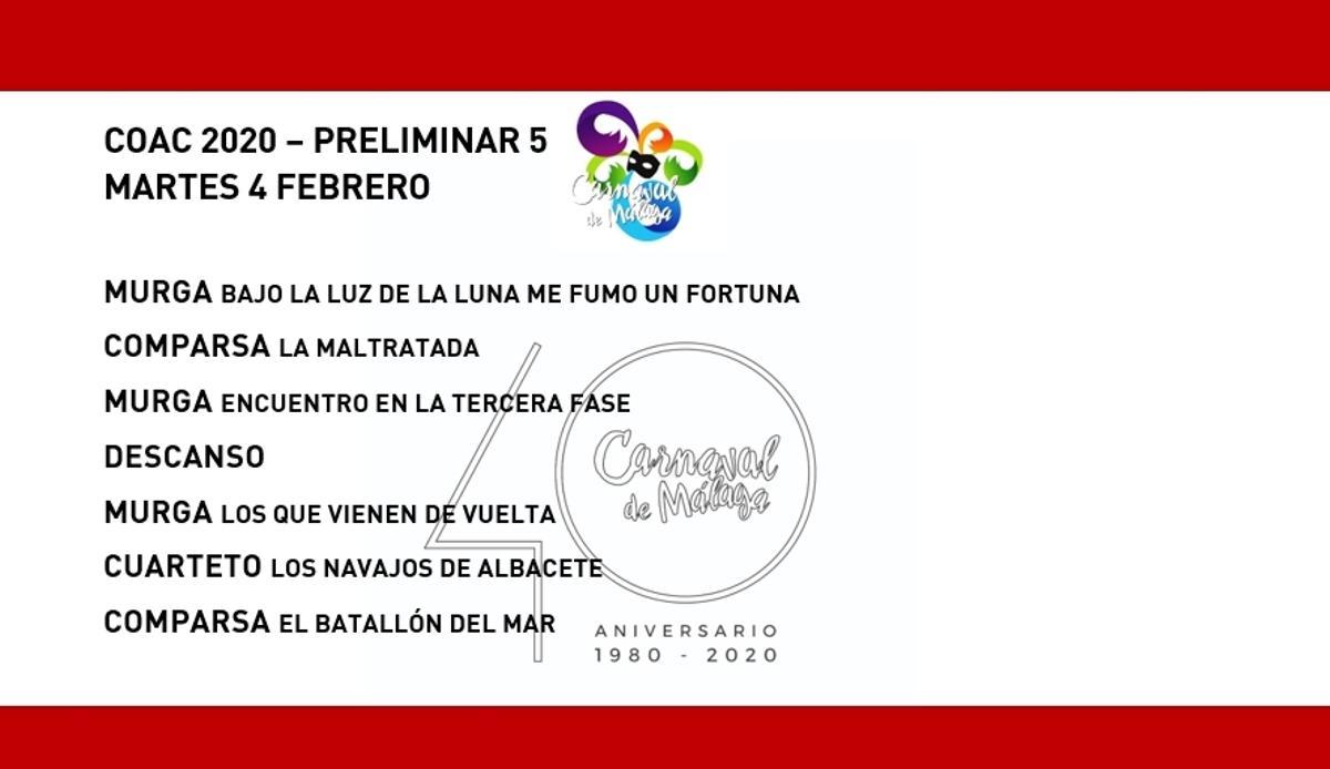 Orden de actuación del COAC del Carnaval de Málaga 2020