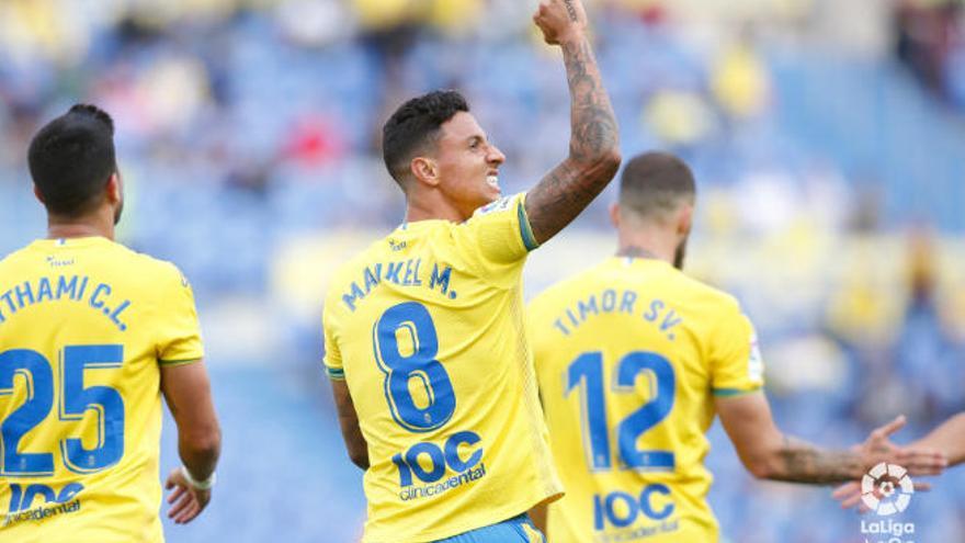 Maikel celebra un gol durante su etapa en la UD Las Palmas.