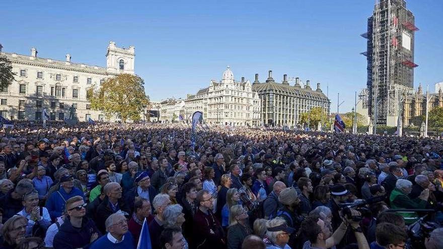 Los manifestantes, concentrados frente al Parlamento, al final de la marcha por la capital británica. // AFP