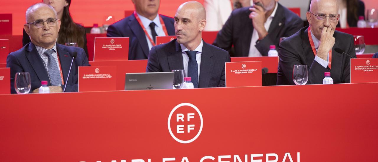 Rubiales, en el centro, durante la asamblea general de la Federación Española de Fútbol.