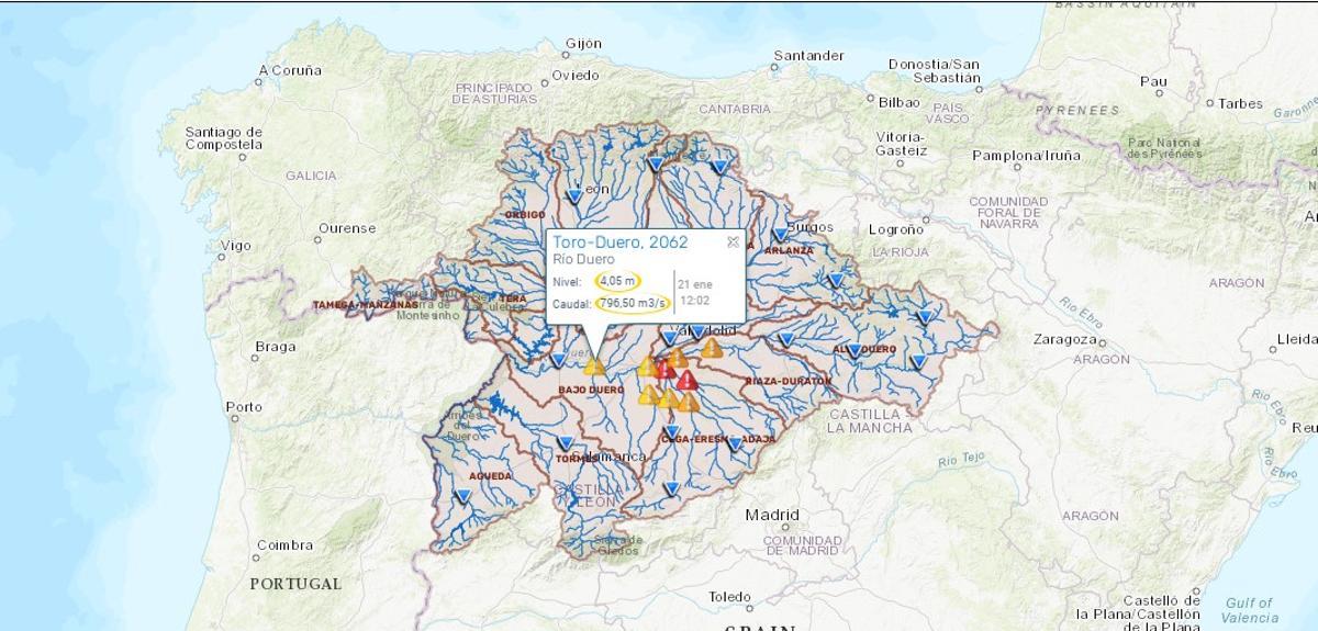 Mapa de avisos de la Confederación Hidrográfica del Duero.