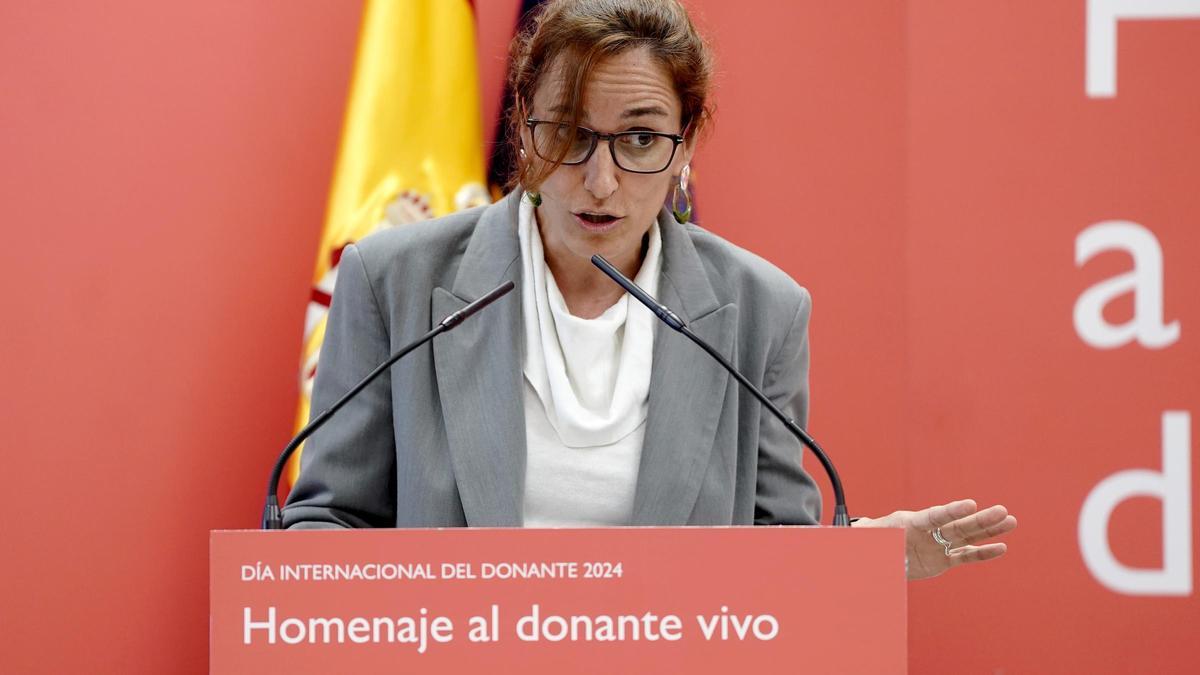 Mónica García, ministra de Sanidad, durante un acto del Día Internacional del Donante.