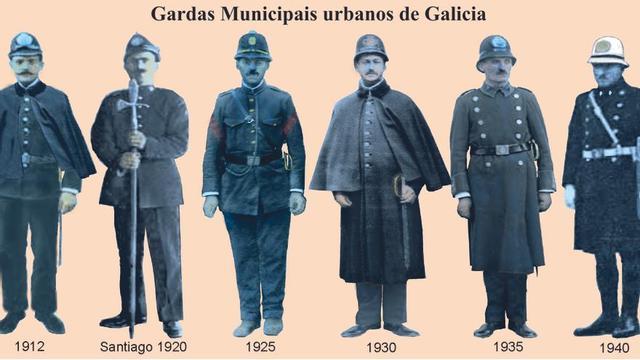 A uniformidade e armamento dos Gardas urbanos foi diferente ao dos gardas das vilas. Ata 1912 usaban bastón e incorporan o sabre curto, adoptando o “casco prusiano” na cabeza. No caso dos gardas santiagueses levaban unha especie de alabarda e noutras cidades incorporarían un revólver. A última imaxe xa é da época franquista coa porra e correaxe brancas