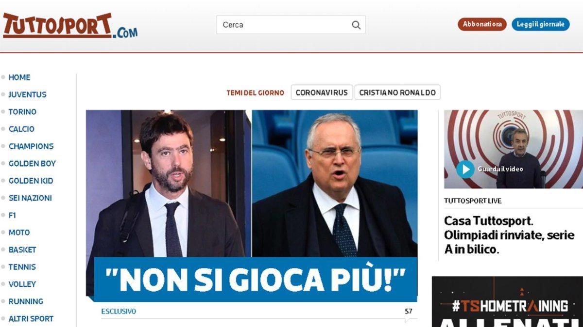 La portada de Tuttosport sobre la posible suspensión de la Serie A