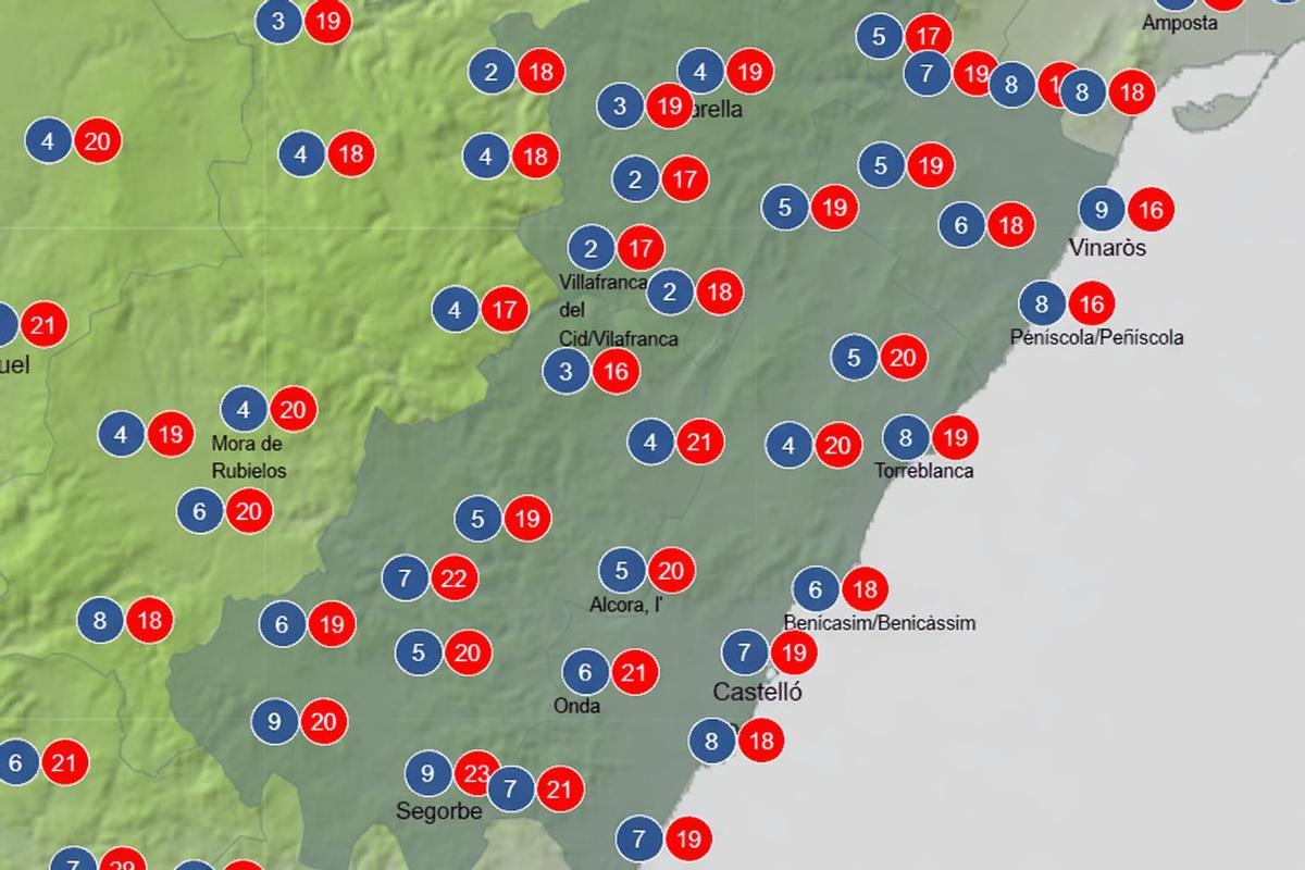 Previsión de temperaturas mínima y máxima en la provincia este domingo.