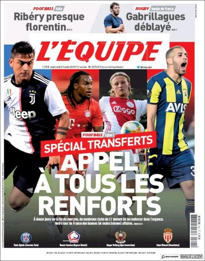 Portada de LEquipe, del miércoles 21 de agosto de 2019