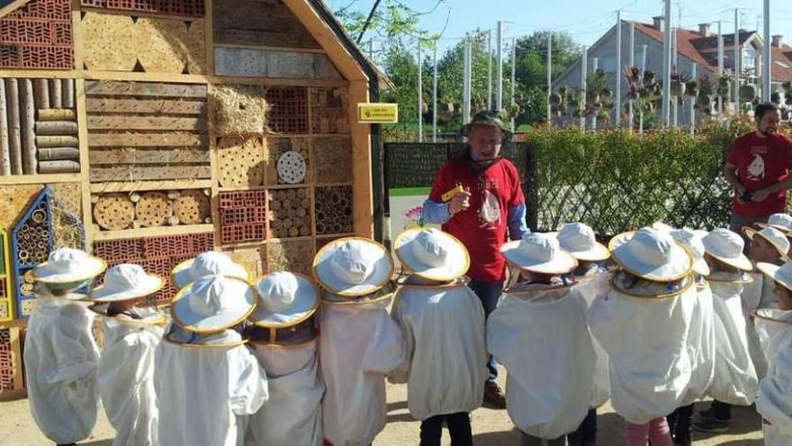 Los niños, vestidos con trajes especiales, ven terminada la casa de polinización. // FdV