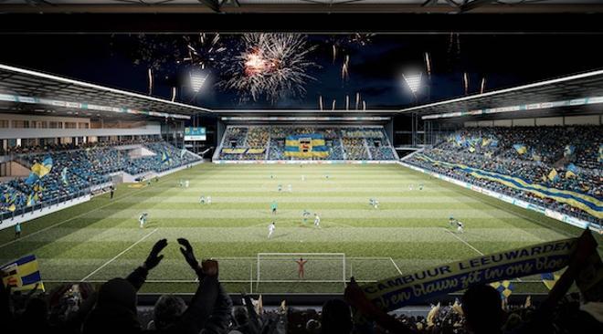 El New Cambuurstadion del conjunto neerlandés SC Cambuur. La remodelación del estadio aumentará su aforo de los 10.000 asientos actuales a los 15.000 futuros.