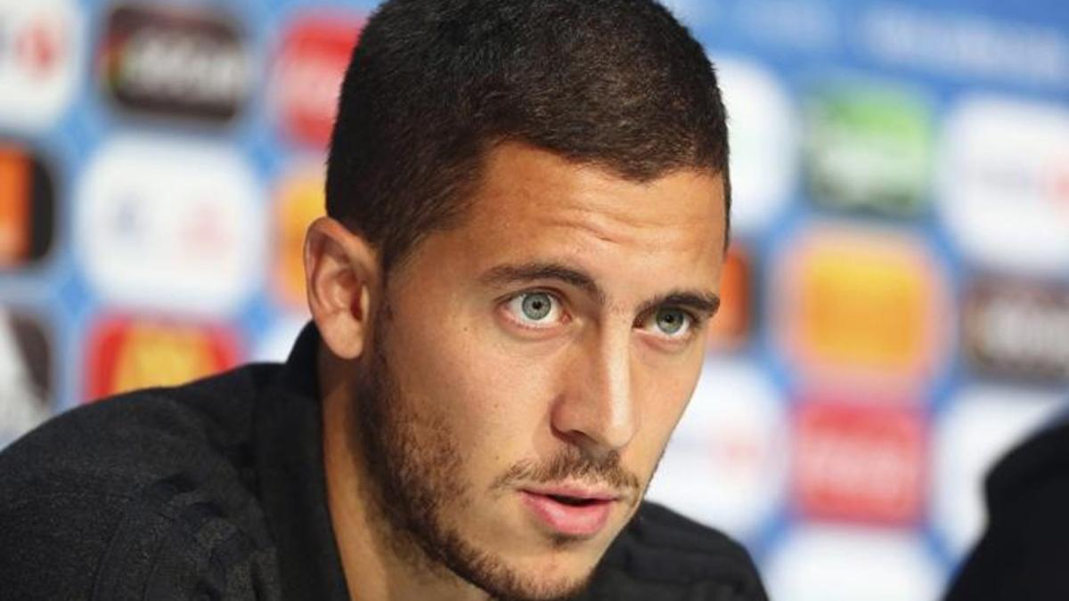 Eden Hazard, durante la rueda de prensa de este jueves