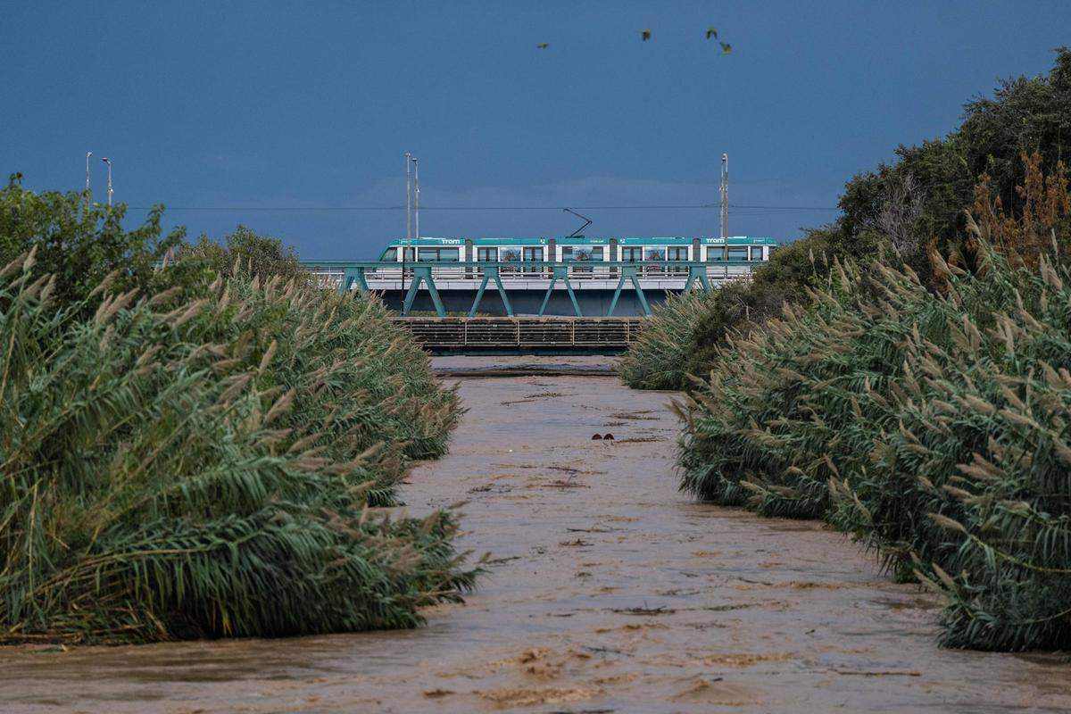 El puente del ferrocarril, al fondo, con el tranvía pasado sobre el puente colindante y de mayor altura, durante una crecida del Besòs en noviembre pasado.